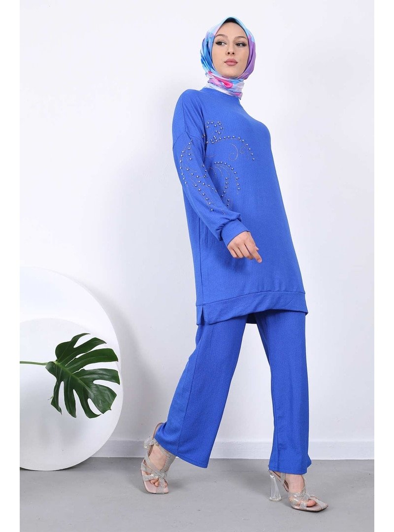İmaj Butik Saks Mavi Boncuk Taş İşlemeli Tunik Pantolon Takım