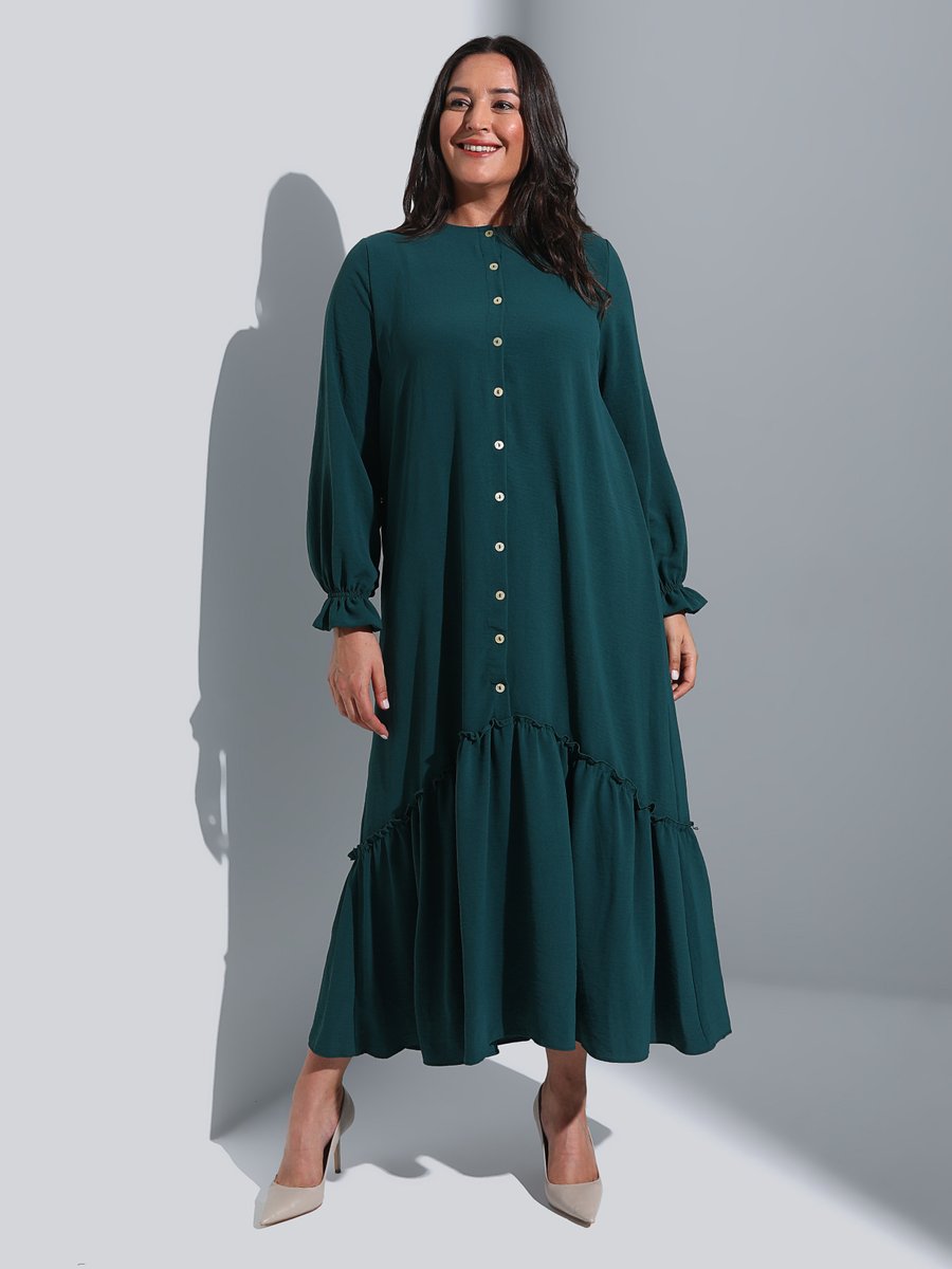 Alia Zümrüt Yeşili Büyük Beden Boydan Düğmeli Aerobin Elbise