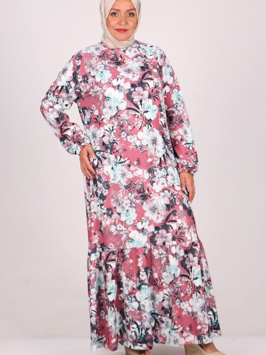 Moda Rosa Çiçek Desen Gül Kurusu Büyük Beden Etek Ucu Fırfırlı Bürümcük Elbise