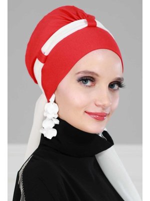 Aisha`s Design Şifon Kuşaklı Penye Bone,kırmızı Krem,b