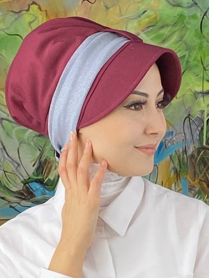 BUTİK AMBAR Bordo Cırtcırtlı Açık Gri Simli Şifon Fularlı Şapka