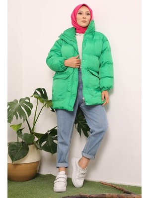 İmaj Butik Yeşil Modest Dik Yaka Ön Fermuarlı Cepli Şişme Mont