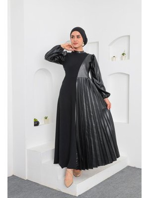 Ensa Tesettür Siyah Piliseli Derili Elbise