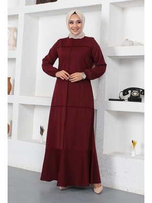 Modapinhan Bordo Dikiş Detaylı Elbise