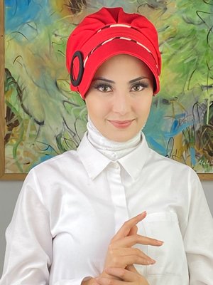 BUTİK AMBAR Kırmızı Nazlı Model Tokalı İri Krem Zebra Desenli Şapka