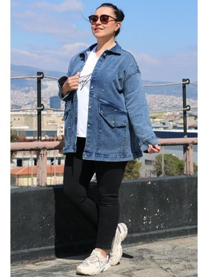 Eslina Mavi Kar Yıkama Büyük Beden Taş Detaylı Kot Ceket