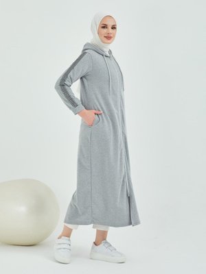 Burcu Fashion Gri Burcu Önden Fermuarlı Kapüşonlu Ferace