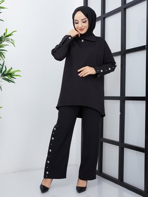 Therarebell Siyah Kolu Çıtçıtlı Tunik & Pantolon İkili Takım