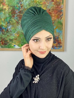 BUTİK AMBAR Koyu Zümrüt Topkapı Simli Çapraz Drapeli Dış Bone