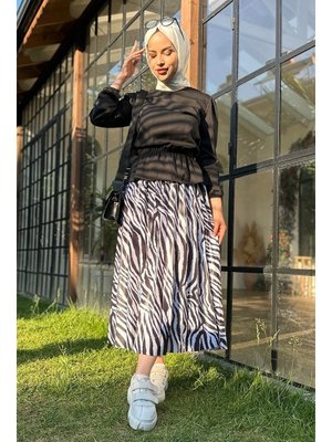 Bestenur Siyah Aron Zebra Desen Piliseli Etek