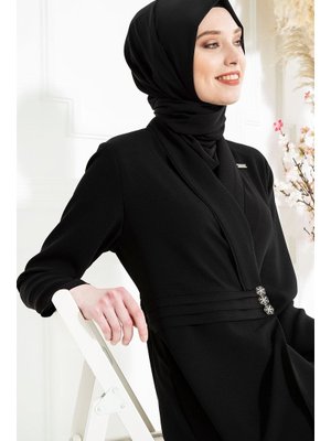 Beyza Nervür Detaylı Çıtçıtlı Siyah Ferace