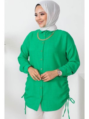 İmaj Butik Yeşil Yan Detaylı Keten Gömlek