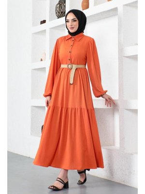 Benguen Oranj Bürümcük Kemerli Elbise