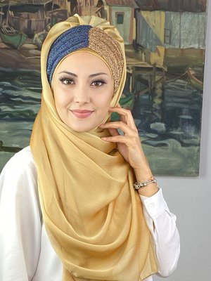 BUTİK AMBAR Sultan Büzgülü Oskar Fransız Şifon Hazır Şal Açık Altın İndigo
