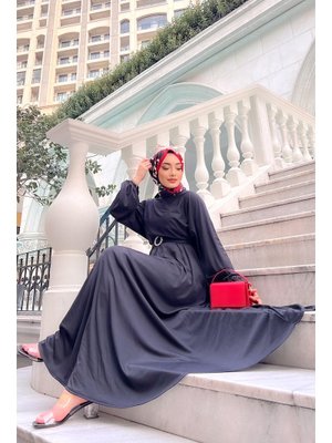 Liz Butik Si̇yah Leydi Kemer Detaylı Düz Elbise