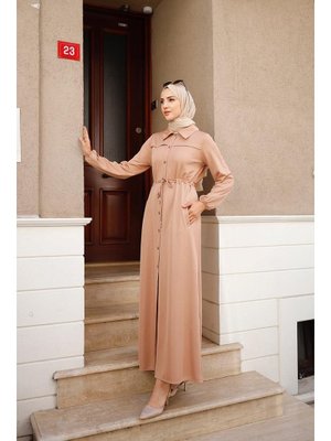 Burcu Fashion Latte Önden Düğmeli Bağıcık Detaylı Ferace