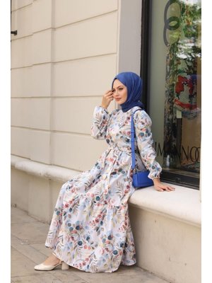 Lurex Moda Mavi Haza Renkli Desenli Elbise