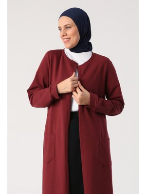 Allday Bordo Kuşaklı Cepli Bisiklet Yaka Uzun Hırka