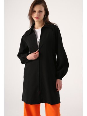 Allday Siyah Fermuarlı Reglan Kol Gömlek Yaka Kap