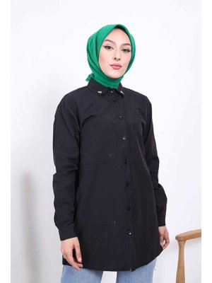 İmaj Butik Siyah Yaka Taşlı Cepli Gömlek