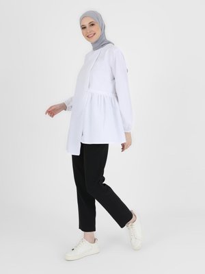 Benin Beyaz Beli Fırfırlı Balon Kollu Poplin Tunik