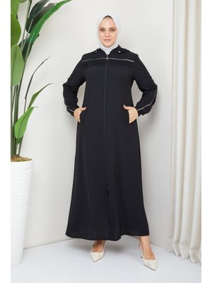 İmaj Butik Siyah Büyük Beden Sim Şeritli Ferace