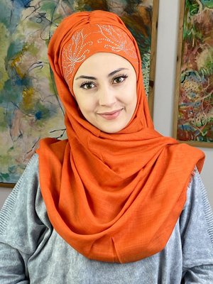 BUTİK AMBAR Turuncu Yaprak Model Gümüş Taşlı Hazır Şal
