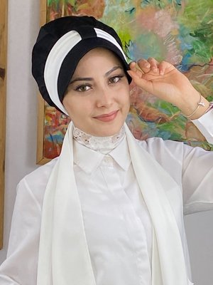 BUTİK AMBAR Beyaz Krep Fularlı Tek Biritli Siyah Şapka