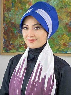 BUTİK AMBAR Çarkıfelek Çizgili Fularlı Atkılı Saks Mavisi Şapka