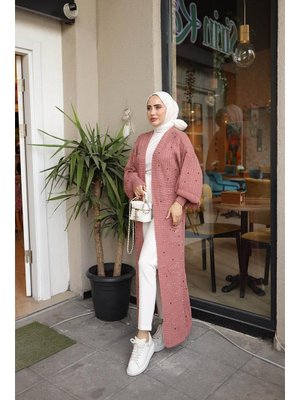 Burcu Fashion İnci Detaylı Triko Hırka Gülkurusu Gül Kurusu