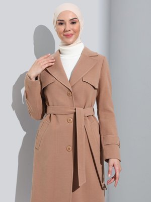 Olcay Camel Pelerin Detaylı Düğme Kapamalı Belden Kuşaklı Kaban