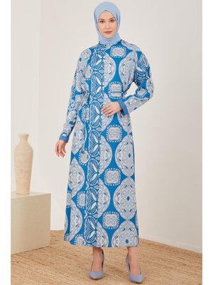 Armine İndigo Baskılı Rahat Elbise