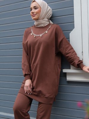 Locco Moda Kahverengi İki İplik Kolye Detay İkili Takım