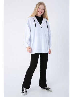 Allday Beyaz Pamuklu Oversize Kapüşonlu Sweat Hırka