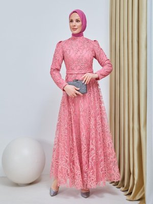 Moda Echer Gül Kurusu Simli Tül Çiçek Desenli Abiye Elbise