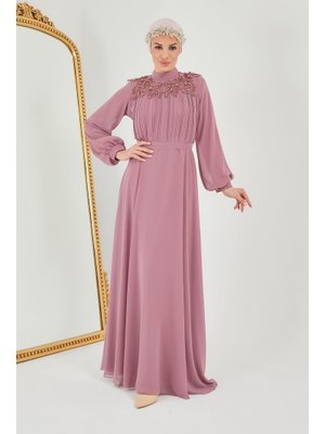 Moda Echer Gül Kurusu Güpür Detaylı Şifon Abiye Elbise