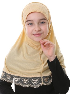 ELANESA Açık Bej Olabı Mır Dantel Kenarlı Kız Çocuk Hazır Bone Eşarp