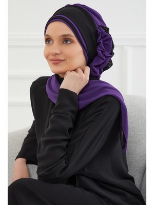 Aisha`s Design Çift Renkli Tasarım Şifon Hazır Türban,mor Siyah,ht