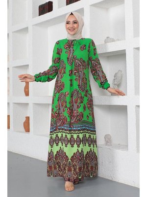 Modapinhan Yeşil Etnik Desenli Model Elbise