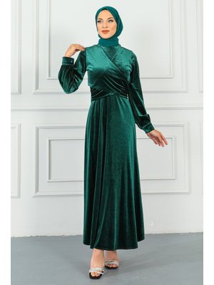 İmaj Butik Zümrüt Yeşili Bağlama Detaylı Kadife Abiye Elbise