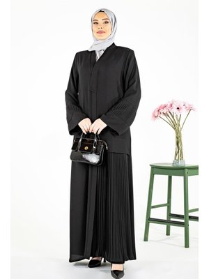 Beyza Patı Asimetrik Pile Detaylı Siyah Abaya