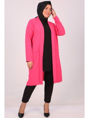 Eslina Pembe Büyük Beden Burbery Krep Düğmesiz Uzun Ceket