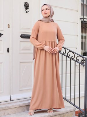 Meqlife Camel Robalı Büzgülü Krep Kumaş Ferace