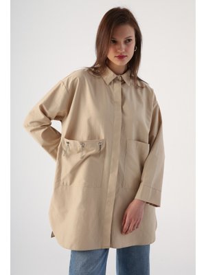 Allday Bej Büyük Cepli Kuşgözlü Oversize Gömlek