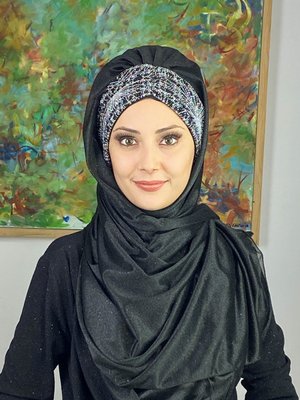 BUTİK AMBAR Çift Renkli Sultan Model Simli Şifon Büzgülü Şal Siyah Gri