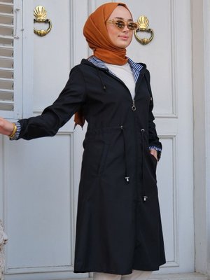 Locco Moda Siyah Kol Çizgili Kapüşonlu Yağmurluk