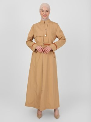 Olcay Camel Garni Detaylı Fermuar Kapamalı Uzun Trençkot
