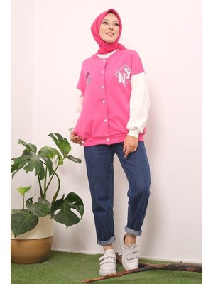 İmaj Butik Fuşya Baskılı Çıtçıtlı Üç İplik Şardonlu Kolej Mont