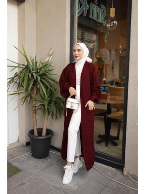 Burcu Fashion Bordo Balon Kollu Uzun Triko Hırka