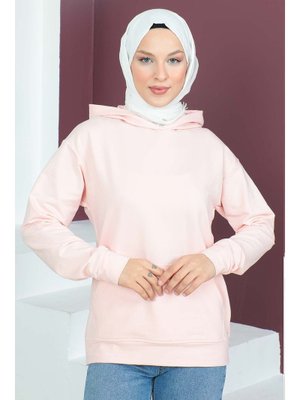Tesettür Dünyası Pembe Kapüşonlu Kısa Sweatshirt